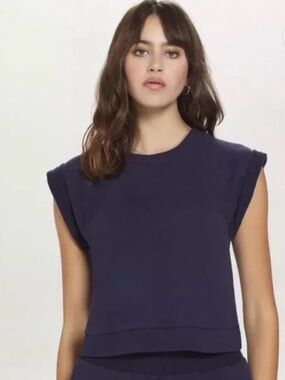 Goldie Lewinter Cropped Crewneck Rolled-Sleeve Micro Terry Sweatshirt